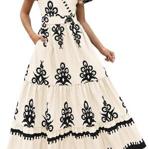 Womens 2025 Summer Casual V Neck Boho Maxi Dress Flowy Aline Bell Sleeve Tiered